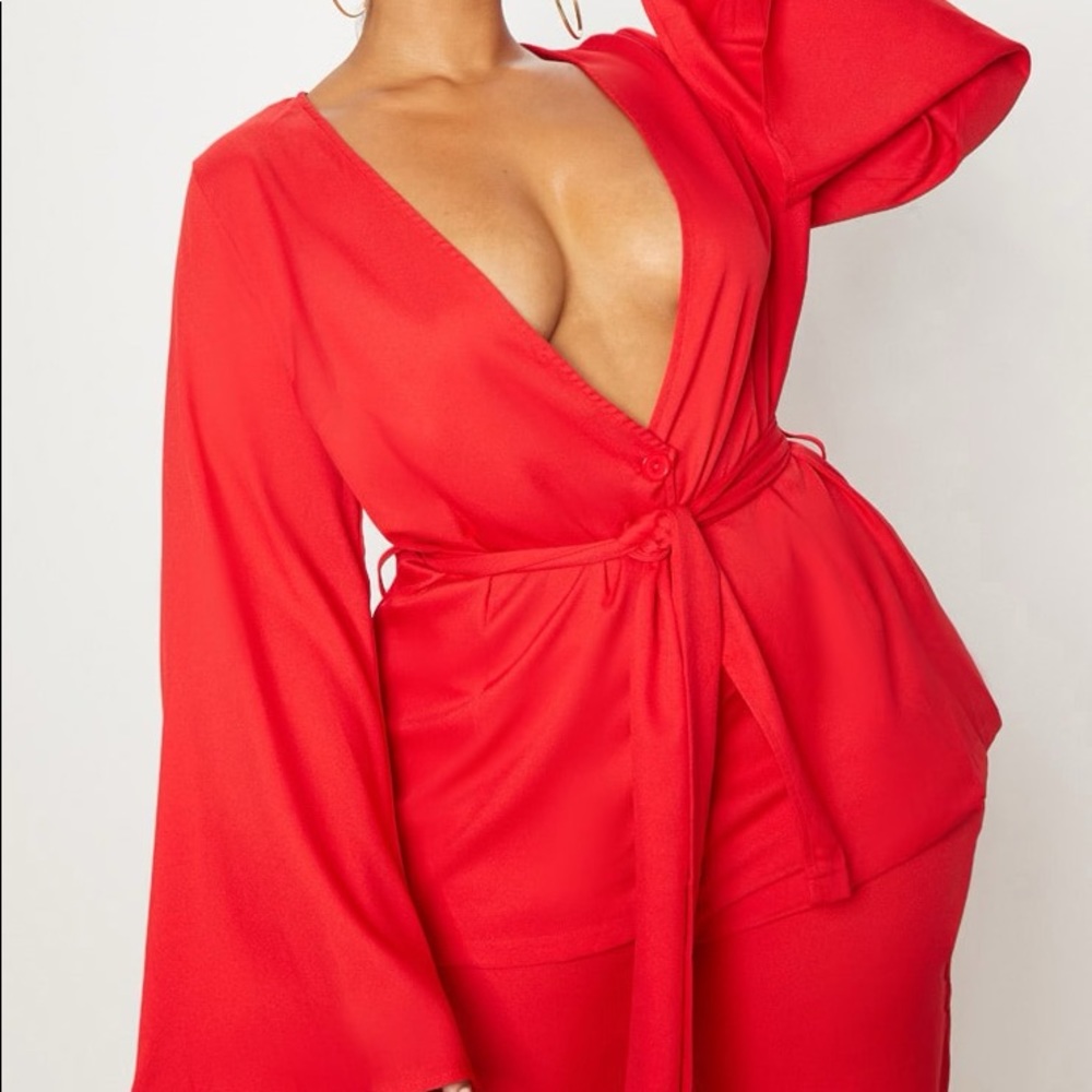 Plus Red woven belt blazer